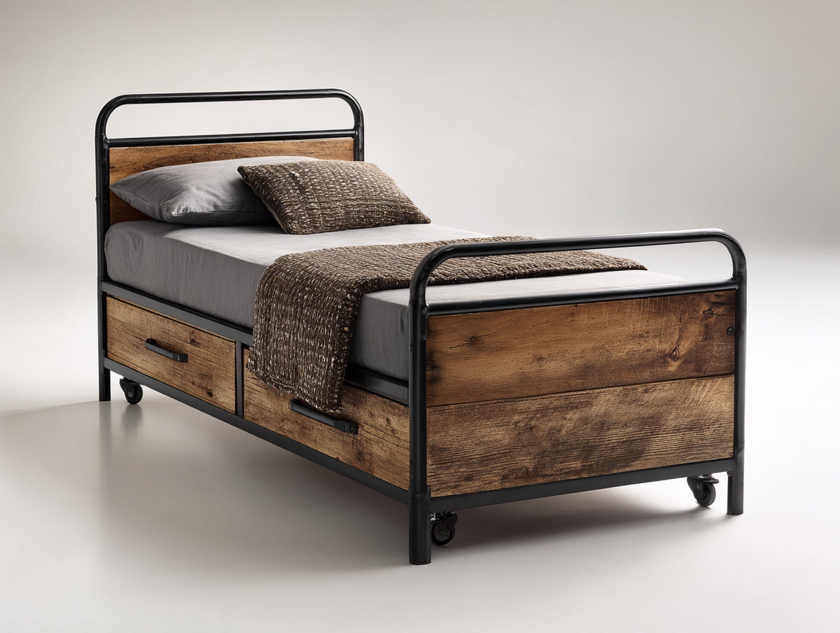 Cama individual con 2 cajones de madera de ingeniería y metal 210x100x110 cm - Marrón y negro - Diseño industrial con ruedas