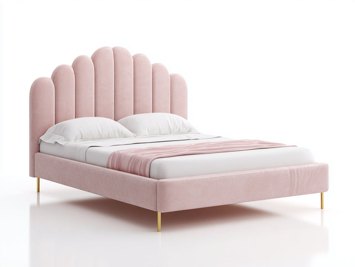 Cama doble tapizada 205 x 170 x 135 cm - rosa y dorado - cabecero alto en forma de concha - diseño moderno para dormitorio
