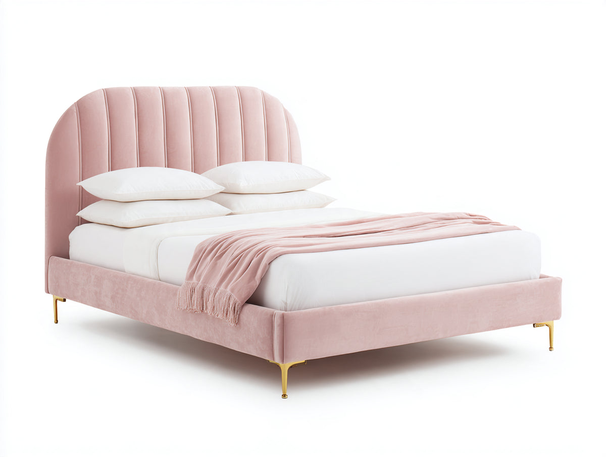 Cama doble tapizada 205 x 168 x 120 cm - rosa - cabecero alto acanalado y patas doradas