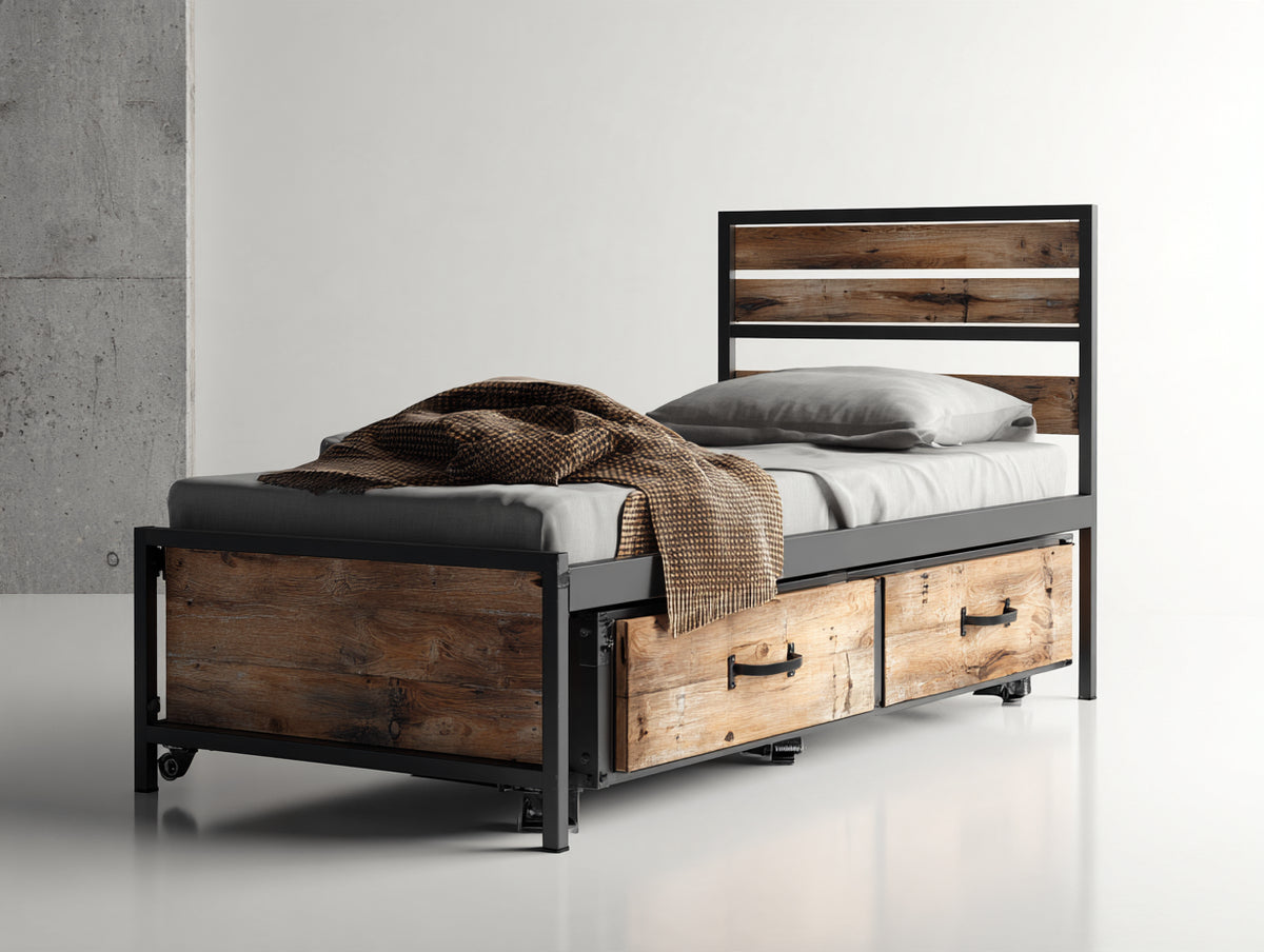 Cama individual de madera y metal 210 x 100 x 110 cm - marrón-negro - dormitorio - diseño industrial con 2 cajones