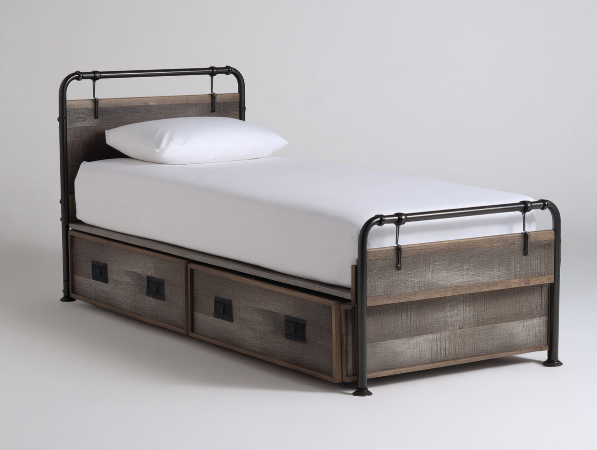 Cama individual de metal y madera 205 x 100 x 110 cm - negro y marrón oscuro - 2 cajones inferiores estilo industrial