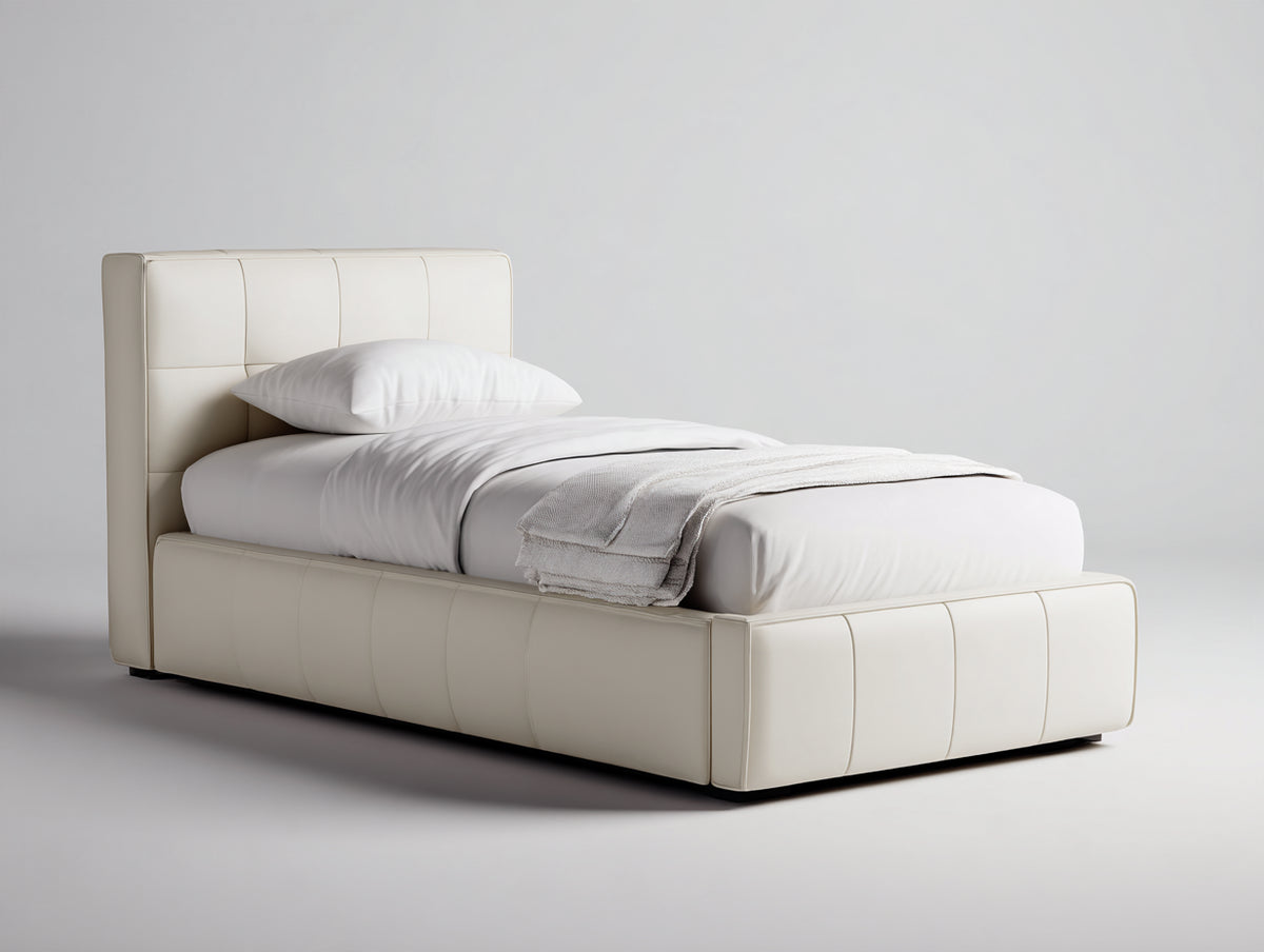 Cama individual tapizada 205 x 105 x 110 cm - beige claro - cabecero acolchado con costuras verticales - diseño moderno para dormitorio