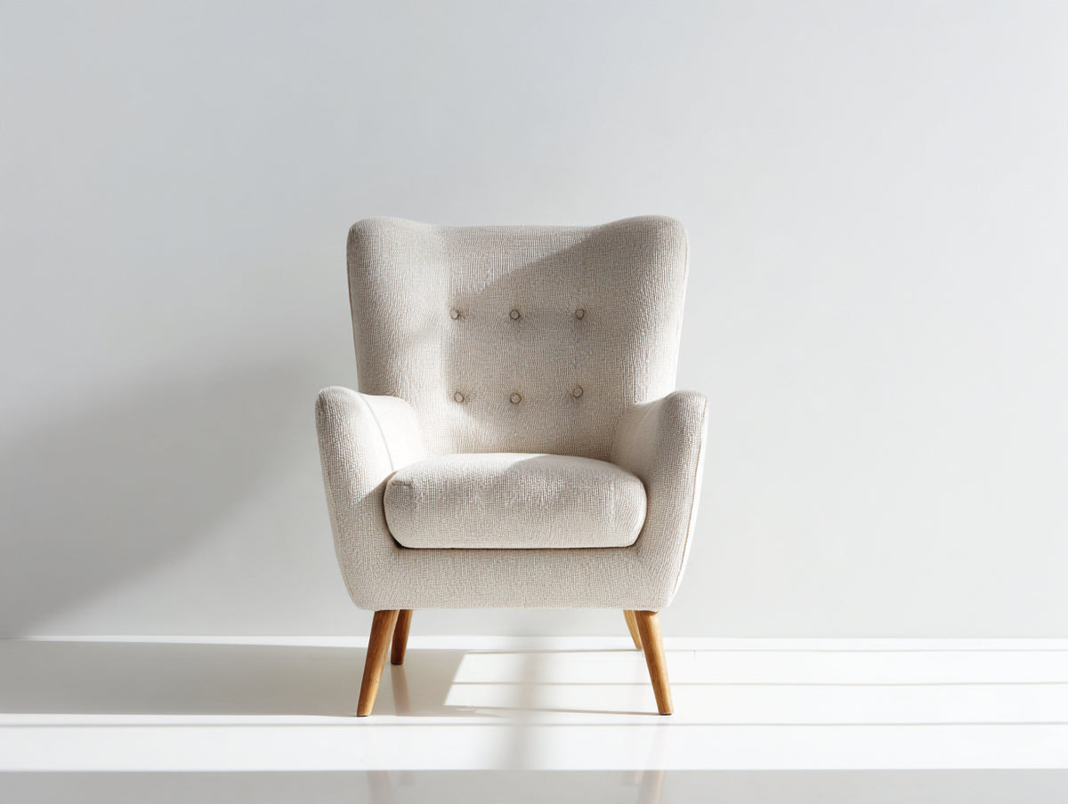 Sillón tapizado en tela 82 x 86 x 105 cm - crema - salón - respaldo alto capitoné y patas de madera