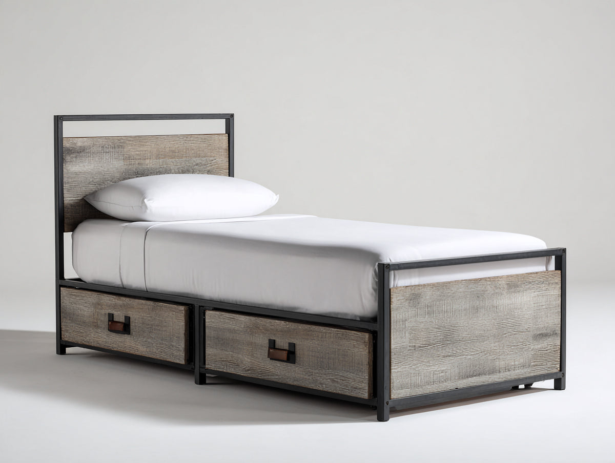 Cama individual con 2 cajones de madera de ingeniería y metal 210x100x110 cm - Gris y negro - Diseño industrial con almacenamiento