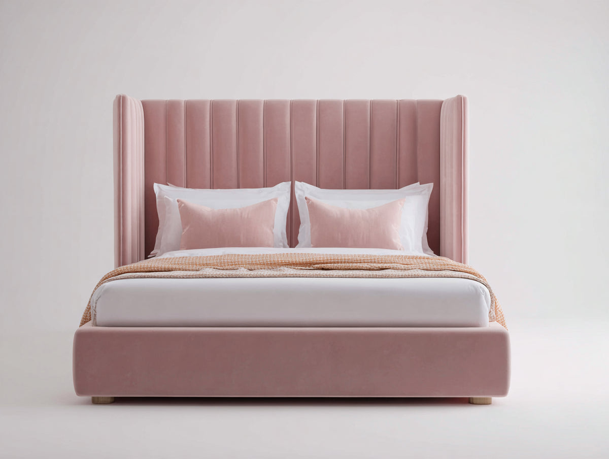 Cama doble tapizada 210 x 175 x 145 cm - rosa - cabecero alto acanalado - diseño moderno para dormitorio