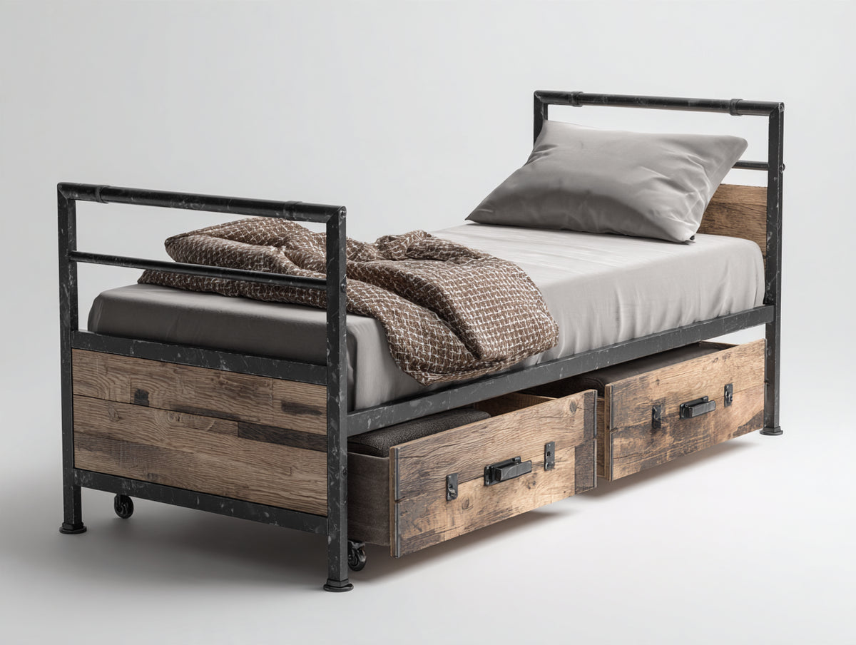 Cama individual de metal y madera 205 x 100 x 105 cm - negro y madera natural - 2 cajones inferiores estilo industrial