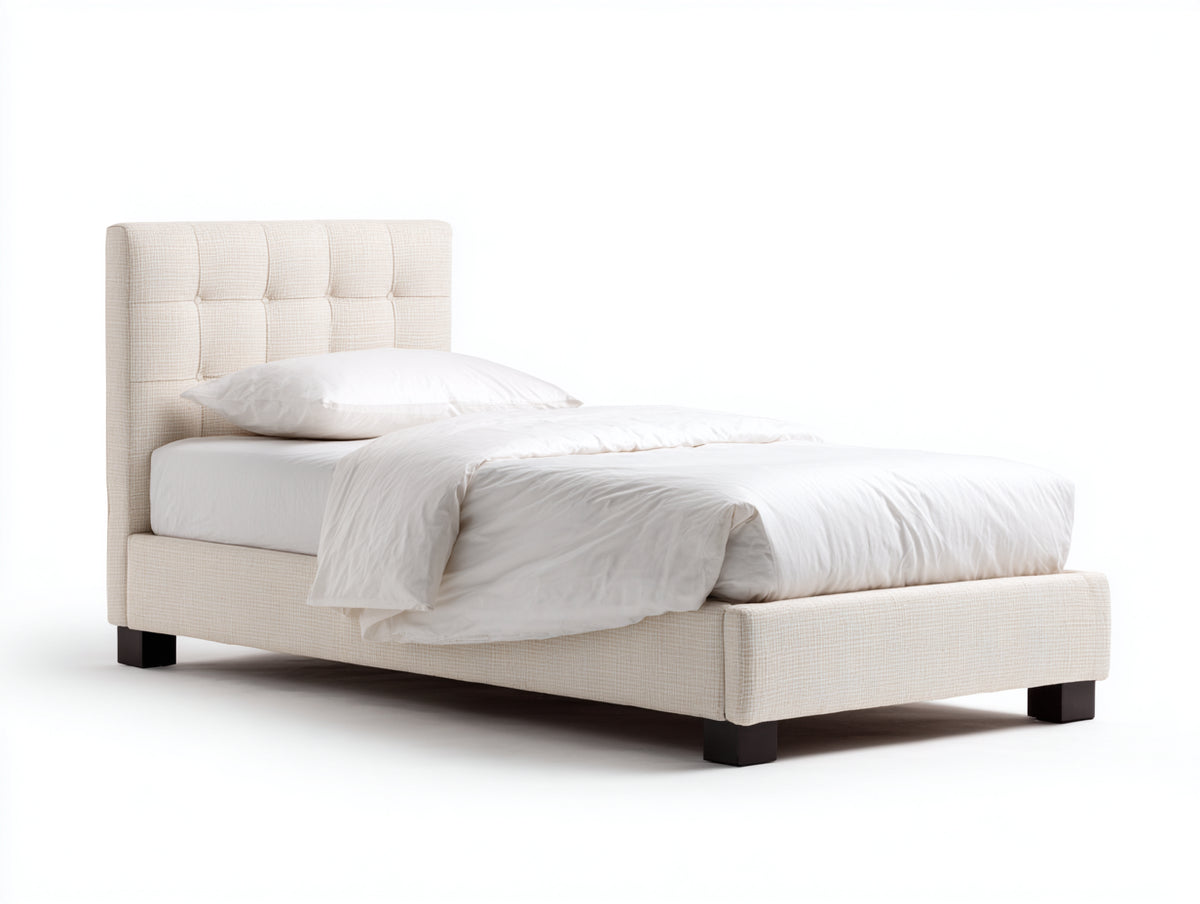 Cama individual tapizada en tela 210 x 100 x 110 cm - beige claro - dormitorio - cabecero capitoné moderno