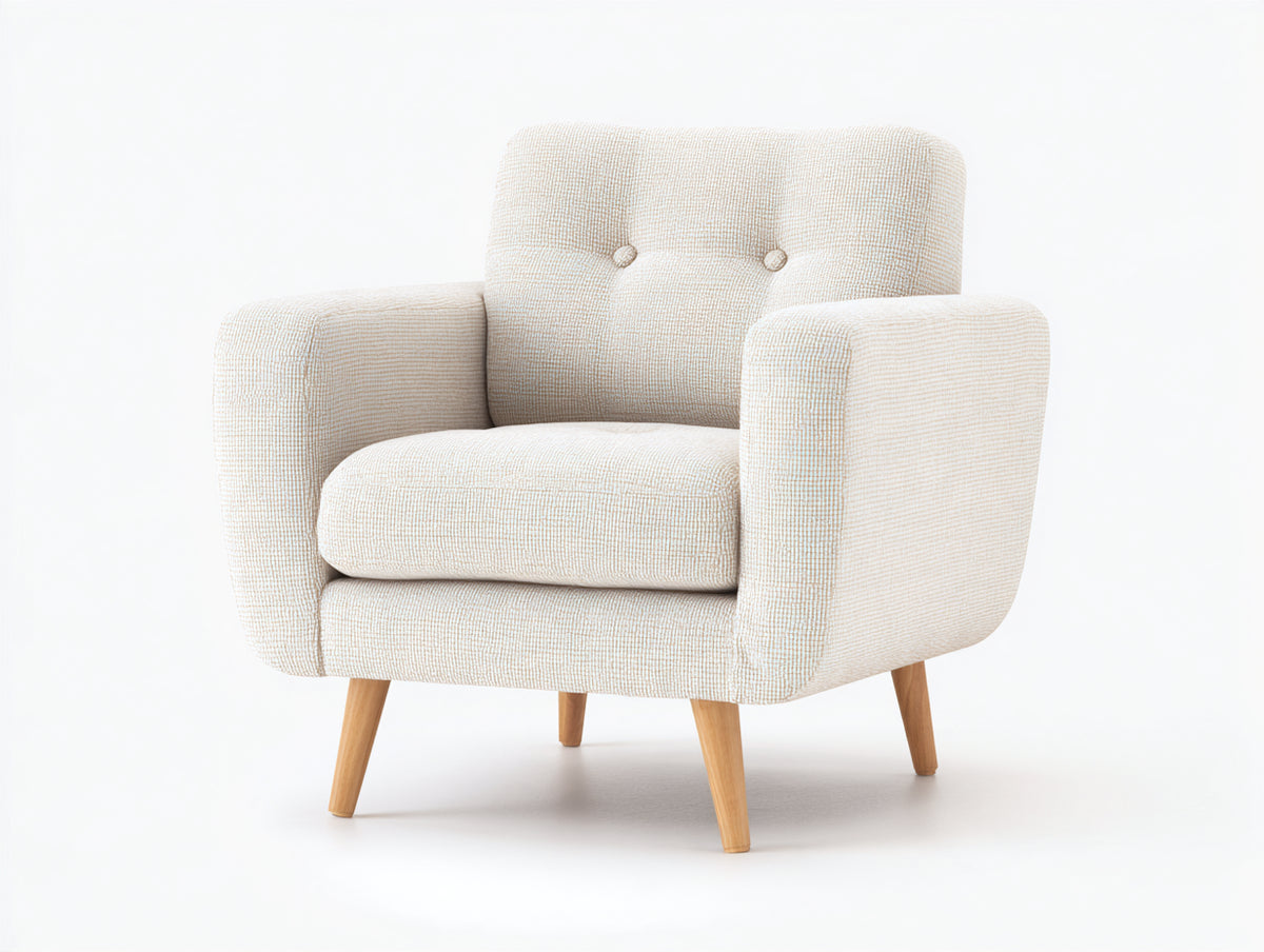 Sillón tapizado 82 x 78 x 86 cm - beige y madera - respaldo acolchado con botones y reposabrazos - diseño moderno para salón