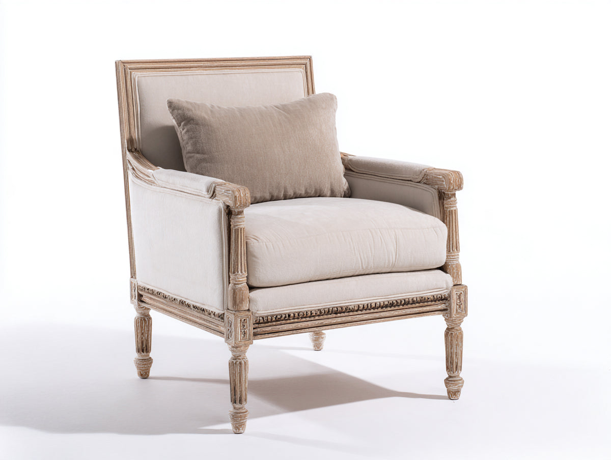 Sillón tapizado 78 x 76 x 92 cm - beige y madera - respaldo acolchado con reposabrazos - diseño clásico para salón