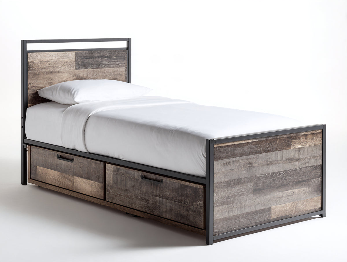 Cama individual 205 x 105 x 110 cm - metal negro y madera marrón - 2 cajones inferiores - diseño industrial para dormitorio