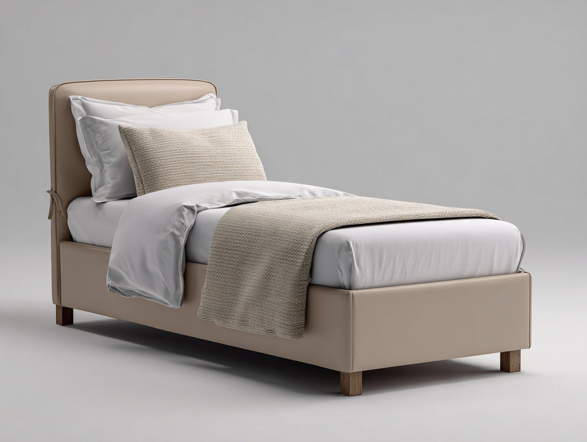 Cama individual tapizada de polipiel 210 x 100 x 110 cm - marrón claro - dormitorio - cabecero acolchado moderno