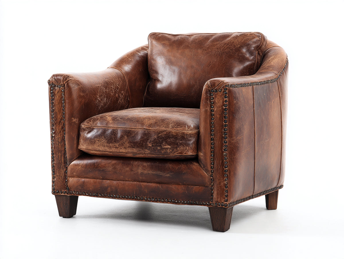 Sillón tapizado en cuero 90 x 85 x 82 cm - marrón - salón - diseño clásico con tachuelas decorativas