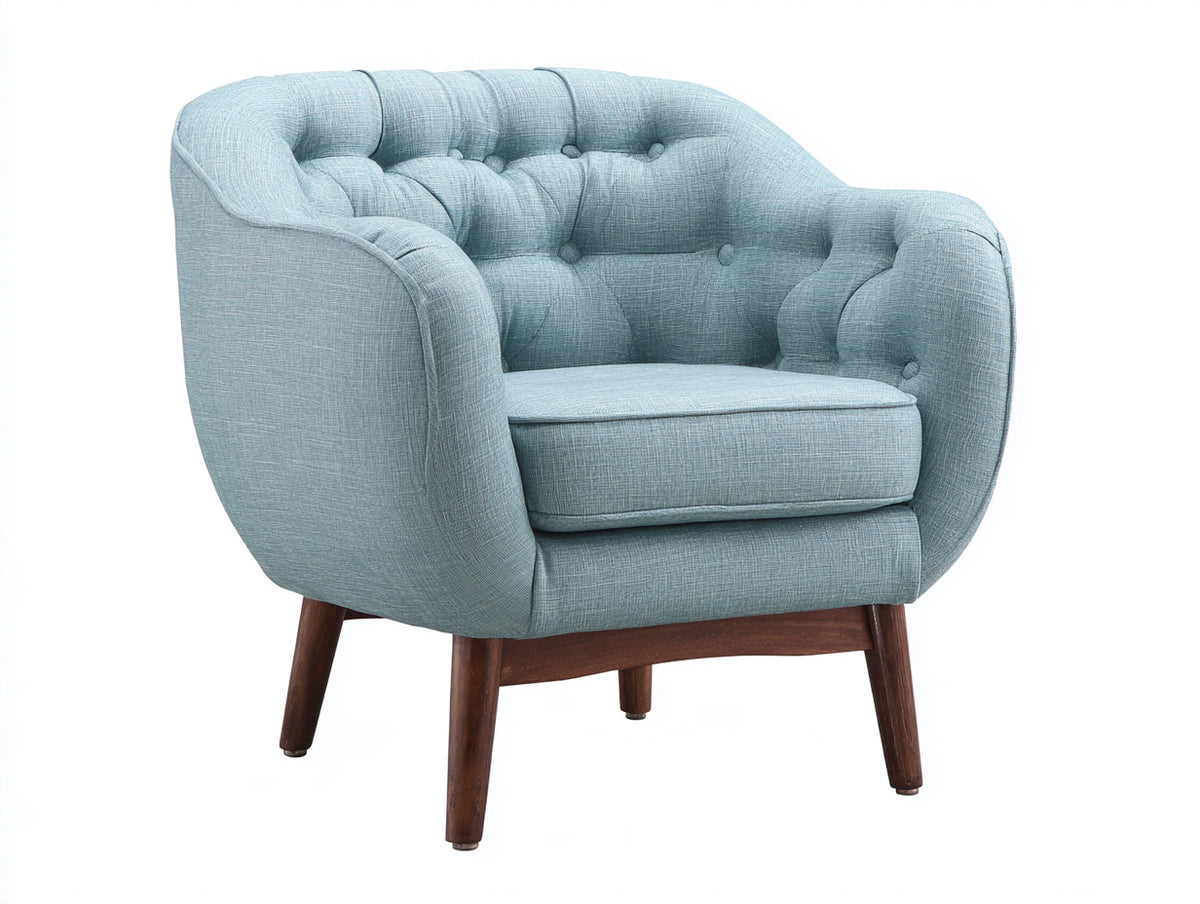 Sillón tapizado 84 x 80 x 82 cm - azul claro y madera - respaldo capitoné con reposabrazos envolventes - diseño moderno para salón