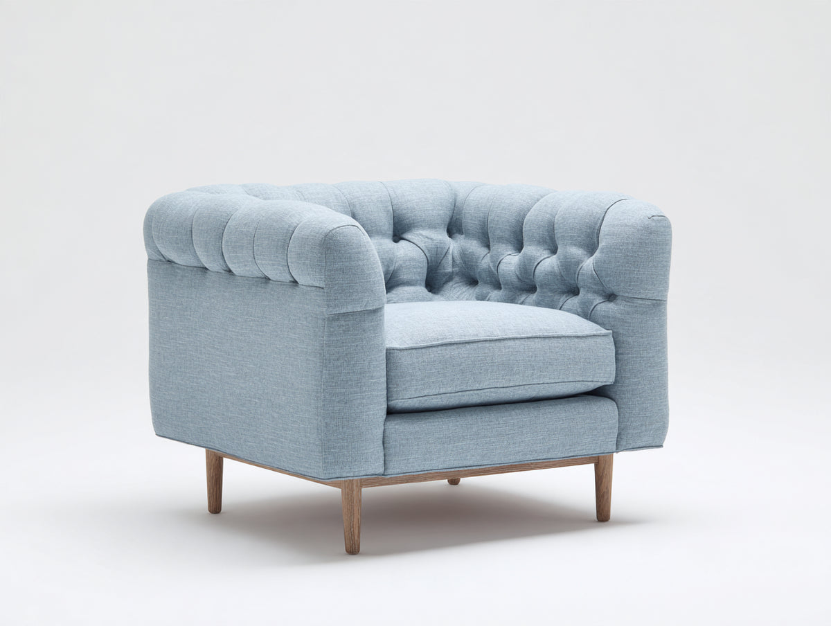 Sillón tapizado 92 x 86 x 78 cm - azul claro - respaldo capitoné y patas de madera estilo clásico moderno