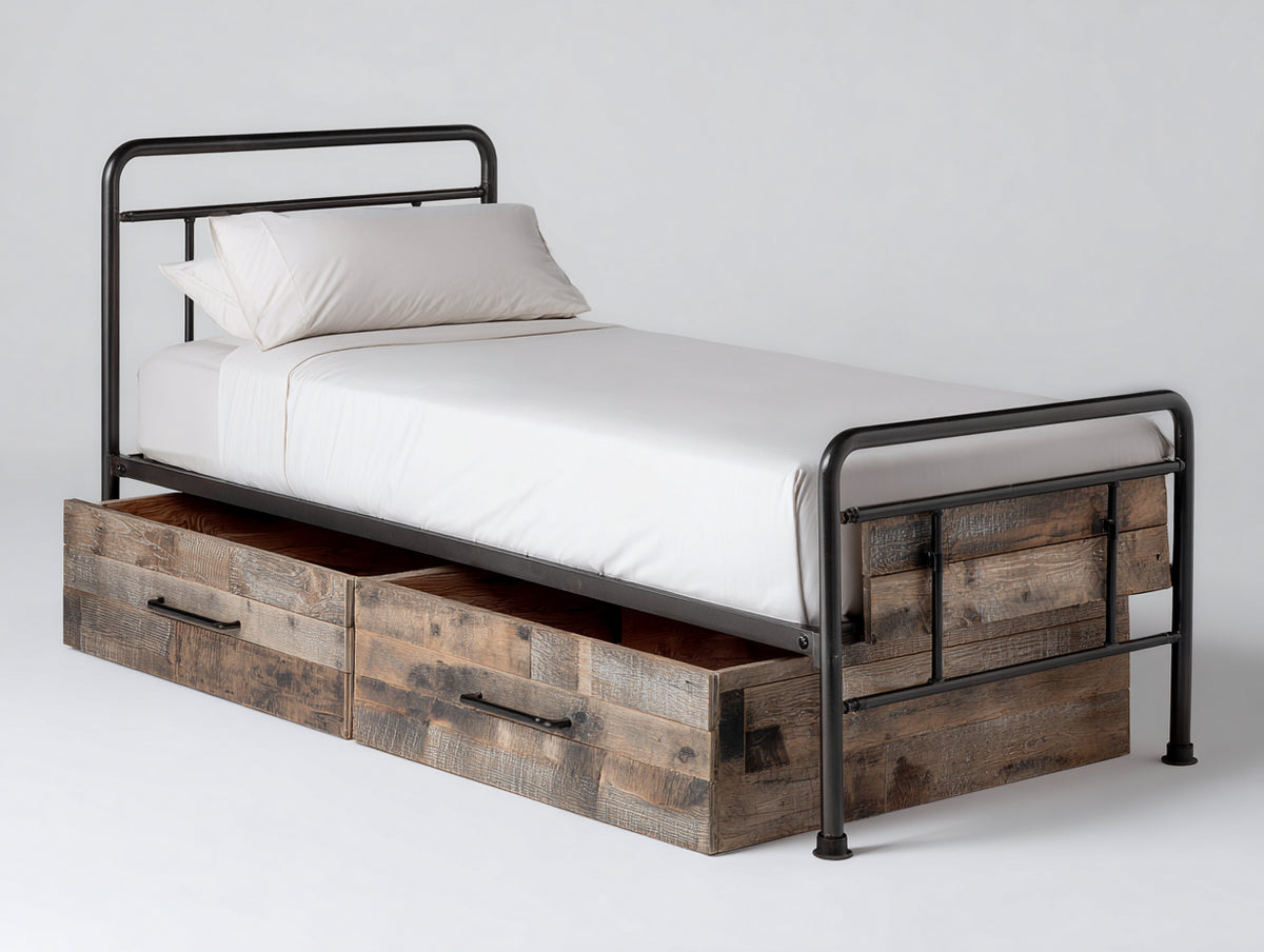 Cama individual de madera y metal 210 x 100 x 110 cm - marrón-negro - dormitorio - diseño industrial con 2 cajones