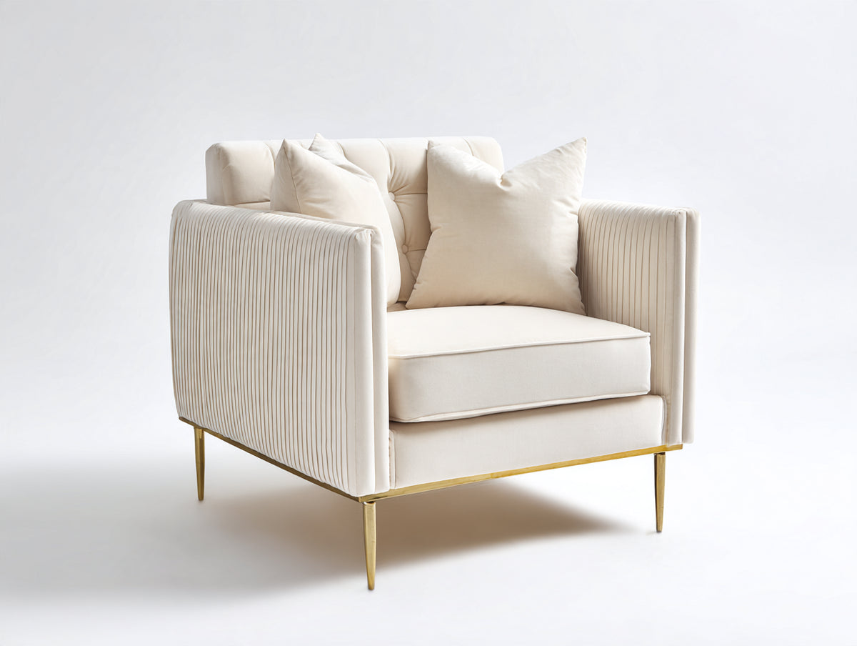 Sillón tapizado de tejido 95x90x85 cm - Crema y dorado - Diseño moderno con reposabrazos acanalados
